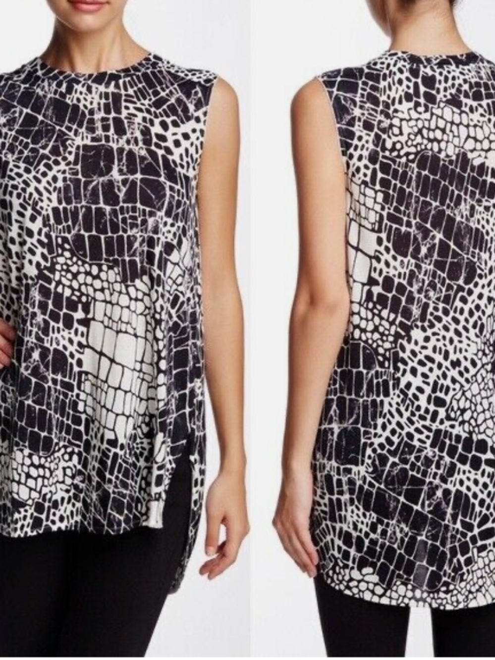 Vince Black White Croc Animal Tank Tunic Minimalist Modern Goth High Low Medium